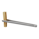 Gozney stainless steel fuel tongs gripping a split piece of wood.