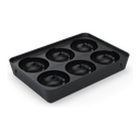 Black Gozney dough tray with six round compartments, shown at an angle with its lid removed.
