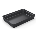 Empty black Gozney dough tray shown at an angle with both the lid and compartment insert removed.