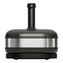 Rear view of an Off Black Gozney Dome XL Gen 2 with stainless steel body band and black flue.