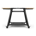 Front view of the Gozney Dome Gen 2 wheeled stand with extended wooden side shelves.