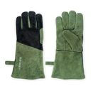 Green and black Gozney heat-resistant gloves laid side by side, showing the palm and back.