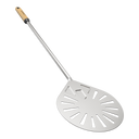 Gozney Balance turning peel angled diagonally with a silver slotted blade and wooden grip.