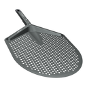 Angled view of a Gozney Venture Placement Peel with a short handle and perforated dark metal blade.