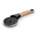 Gozney pizza cutter with a black circular wheel, silver cutting edge and wooden handle, shown at an angle.