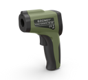 Green and black Gozney infrared thermometer showing its sensor opening, trigger and branded side label.
