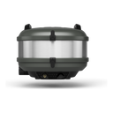 Rear view of the Gozney Tread oven in Off Black with stainless steel body and gas connection.