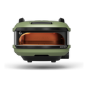 Front view of the Gozney Tread oven in Olive with a gas flame curling along the cooking chamber.