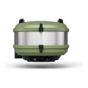 Rear view of the Gozney Tread oven in Olive with stainless steel body and gas connection.