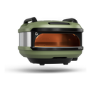 Gozney Tread in Olive, slight three-quarter front view with the cooking chamber lit