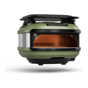 Gozney Tread Roof Rack fitted to an Olive Tread oven, front view with the cooking chamber lit